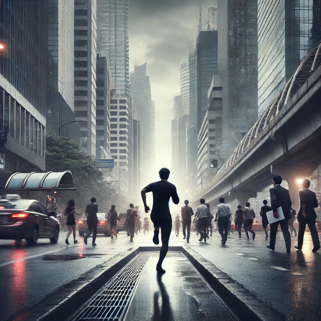 man rent door de stad om te laten zien hoe hij een doorzetter is